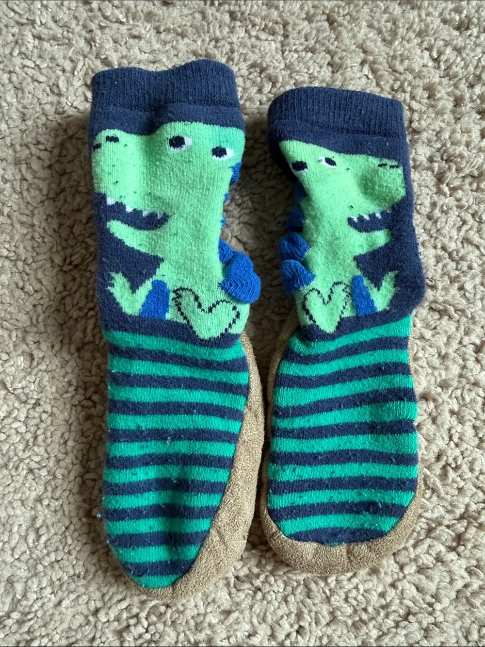 Kids Green & Navy Dinosaur Slipper Socks 12-24 months